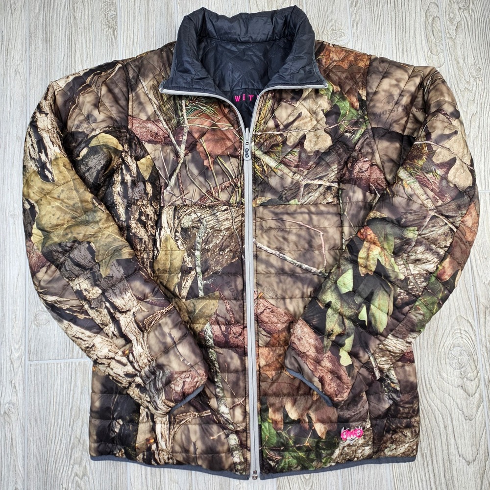 Girls With Guns Reversible Puffer Jacket Mossy Oak Camo‎ Grey Packable Large L